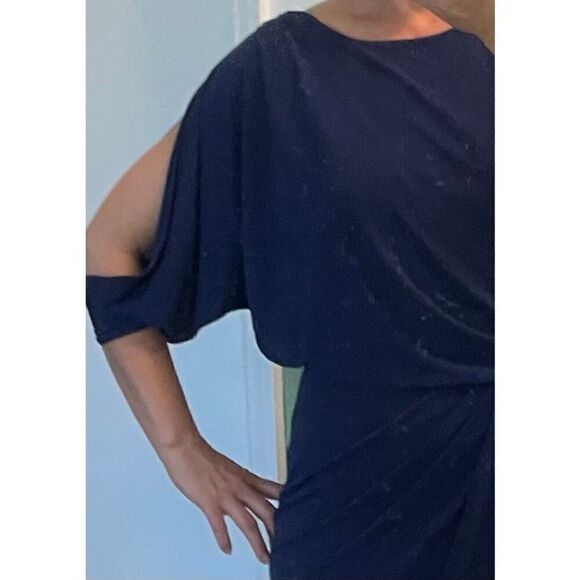 Max and Cleo Elegant Solid Navy Blue 3/4 Sleeve Ruched Faux Wrap Dress S - Picture 7 of 8